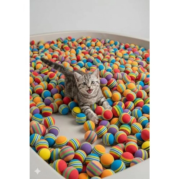 Renkli Zıplayan Kedi Oyuncağı Seti - 50li Sünger Top Kova