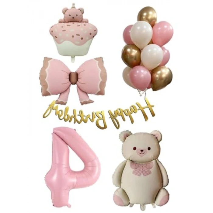 Retro Ayıcık Temalı Kız Bebek Doğum Günü Seti