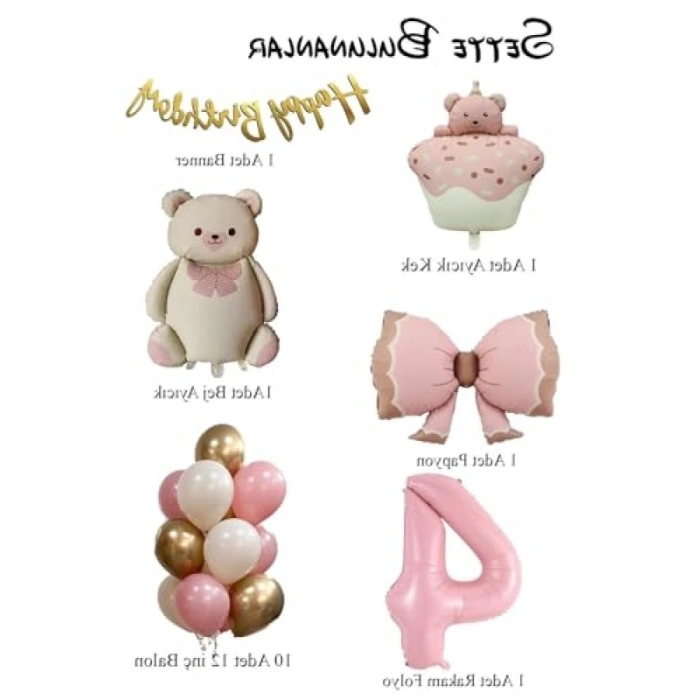 Retro Ayıcık Temalı Kız Bebek Doğum Günü Seti