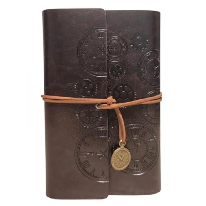Retro Deri Kapaklı Not Defteri - Zaman Temalı Tasarım