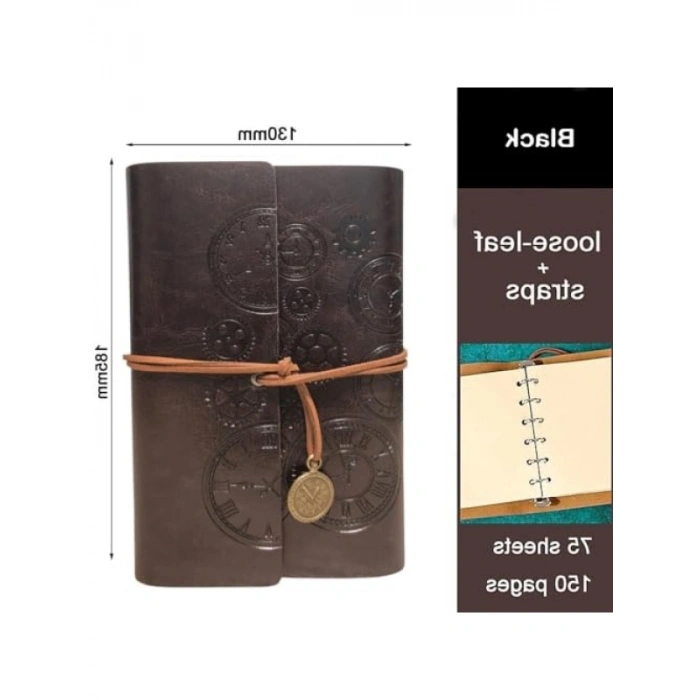 Retro Deri Kapaklı Not Defteri - Zaman Temalı Tasarım