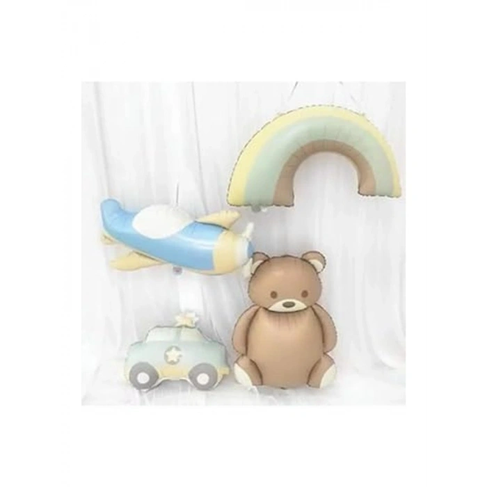 Retro Folyo Balon 4 Lü Set; Uçak, Araba, Gökkuşağı ve Ayıcık