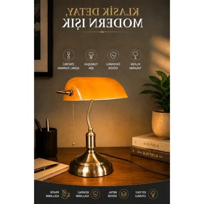 Retro Tasarımlı Amber Cam Masa Lambası, E27 Duy ile Eskitme Gövde, Enerji Sınıfı A