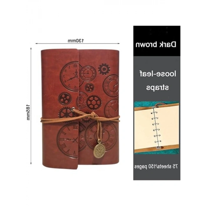 Retro Tasarımlı Deri Kapaklı Günlük Not Defteri - Baskılı Saat Kolye