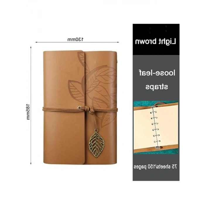 Retro Tasarımlı Yaprak Baskılı Deri Kapaklı Günlük Defter, Açık Kahverengi