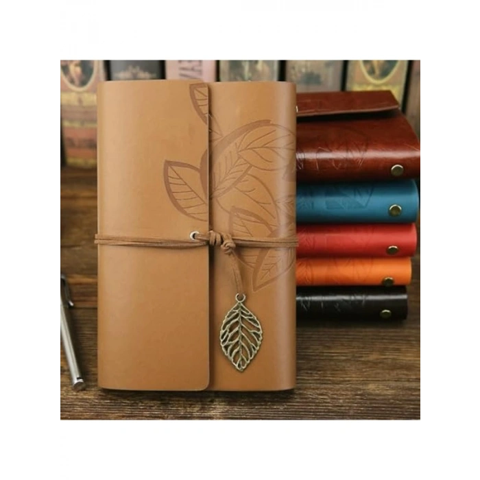 Retro Tasarımlı Yaprak Baskılı Deri Kapaklı Günlük Defter, Açık Kahverengi