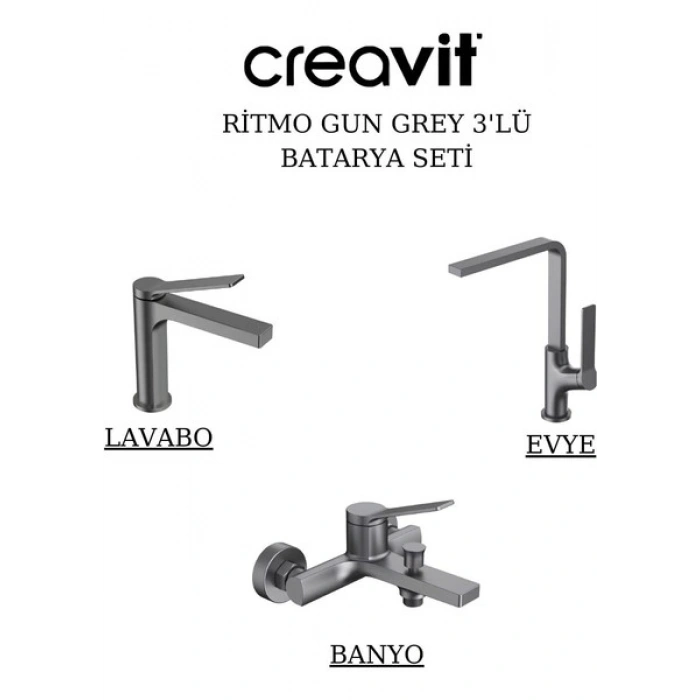 Ritmo Metalik Gri Batarya Seti 3’lü Banyo-Lavabo-Evye