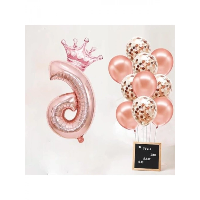 Rose Gold Rakam Folyo Balon Seti, Kral Tacı ve Konfetiler