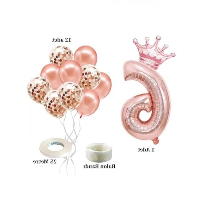 Rose Gold Rakam Folyo Balon Seti, Kral Tacı ve Konfetiler