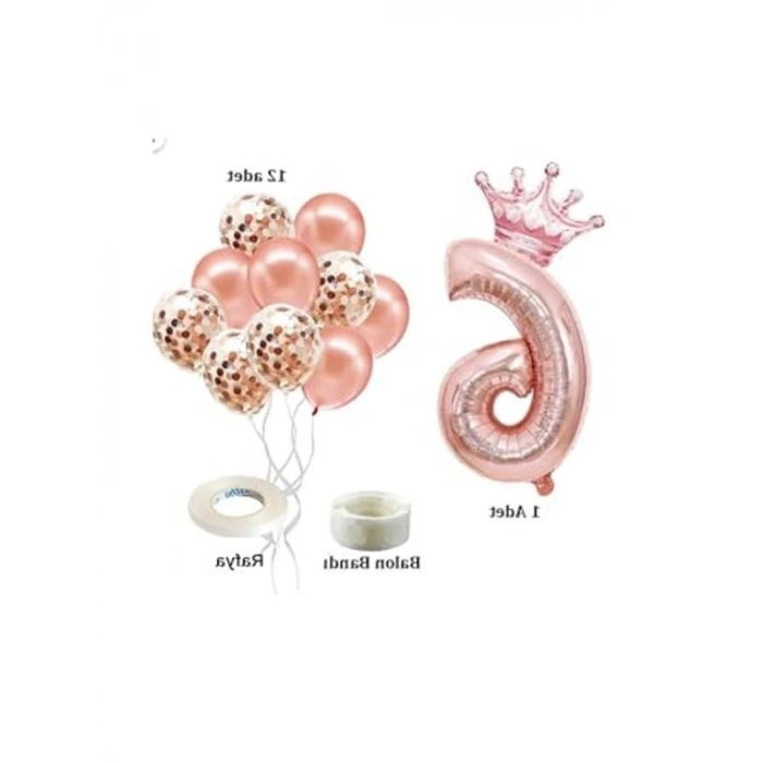 Rose Gold Renkli 6 Rakam Folyo Balon ve Konfetili Balon Seti
