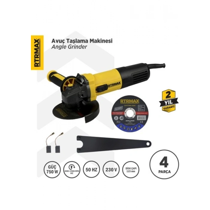 Rtrmax RTM1080 Avuç Taşlama Makinası 115 mm 750 W Devir Ayarlı