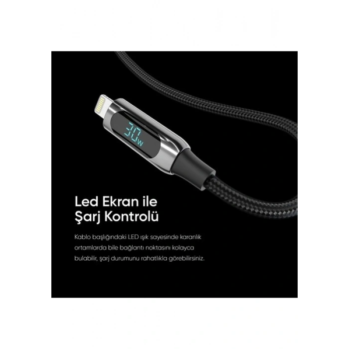 S-Link Armor Led Cl-030 30W 1 Metre Type-C To Lightning Pd Örgülü Led Başlıklı Siyah Hızlı Şarj Kablosu
