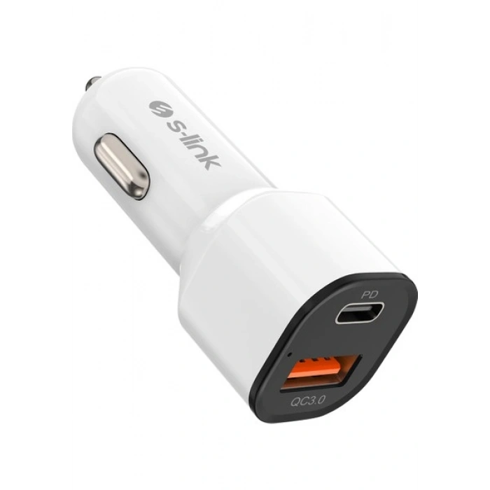 S-Link SL-EC38PD Typec To Typec Kablolu 38W Pd + USB Qc3.0 Beyaz Araç Şarj Cihazı