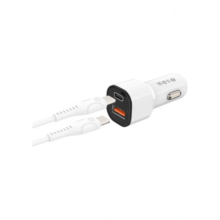 S-Link SL-EC38PD Typec To Typec Kablolu 38W Pd + USB Qc3.0 Beyaz Araç Şarj Cihazı