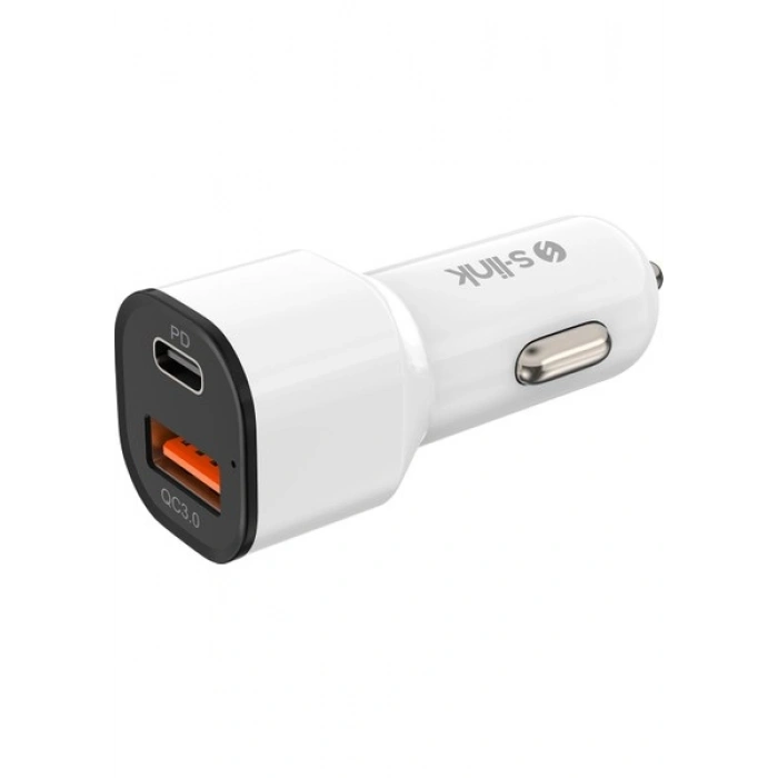 S-Link SL-EC38PD Typec To Typec Kablolu 38W Pd + USB Qc3.0 Beyaz Araç Şarj Cihazı