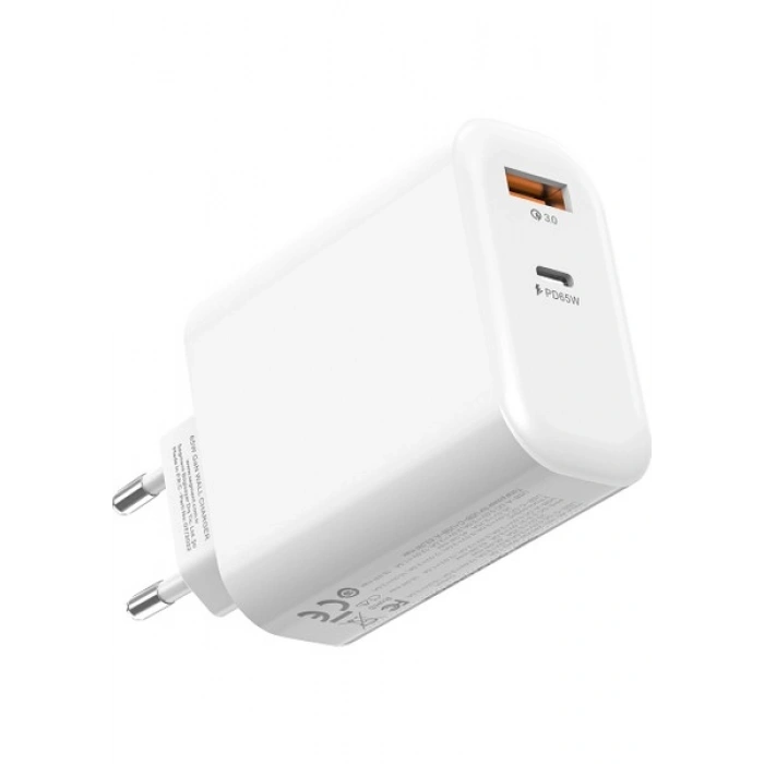 S-Link SL-EC69 Gan Pd 65W / Qc 18W Type Usb-C +Usb A Hızlı Beyaz Ev/notebook Şarj Adaptör