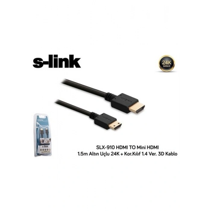 S-Link Slx-910 Hdmı To Mini Hdmı 1.5M Altın Uçlu 24K + Kor.Kılıf 1.4 Ver. 3D Kablo