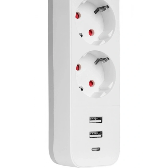S-link SPG03TC 2 Usb +1Type C 5V2.4A 1.5m 3x1.00mm 100% Bakır 750 Joule 3 lü Anahtarlı Akım Korumalı Beyaz Priz