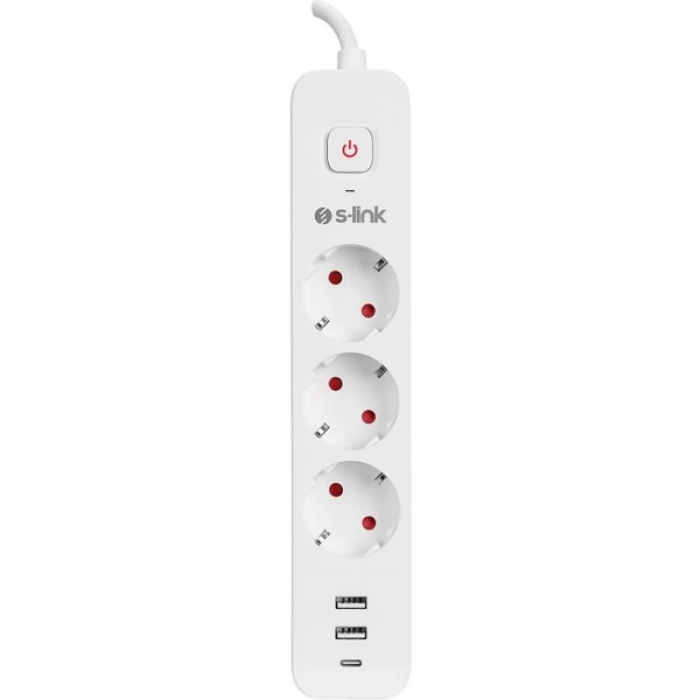 S-link SPG03TC 2 Usb +1Type C 5V2.4A 1.5m 3x1.00mm 100% Bakır 750 Joule 3 lü Anahtarlı Akım Korumalı Beyaz Priz