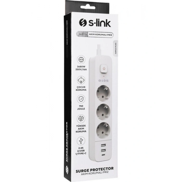 S-link SPG03TC 2 Usb +1Type C 5V2.4A 1.5m 3x1.00mm 100% Bakır 750 Joule 3 lü Anahtarlı Akım Korumalı Beyaz Priz