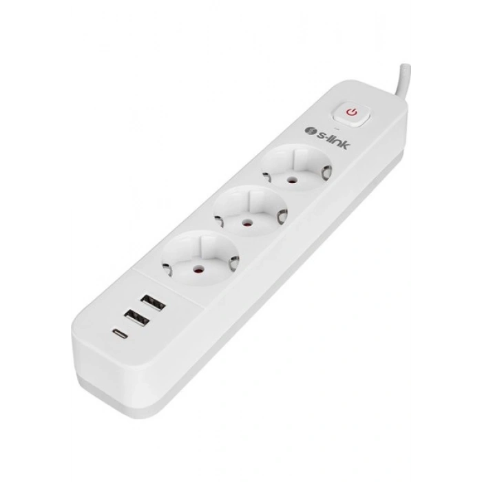 S-link SPG03TC 2 Usb +1Type C 5V2.4A 1.5m 3x1.00mm 100% Bakır 750 Joule 3 lü Anahtarlı Akım Korumalı Beyaz Priz