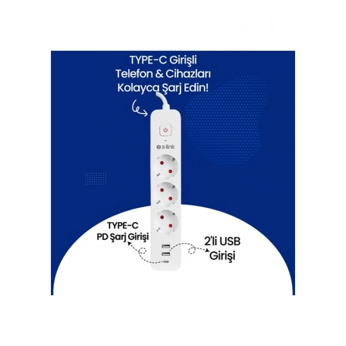 S-link SPG03TC 2 Usb +1Type C 5V2.4A 1.5m 3x1.00mm 100% Bakır 750 Joule 3 lü Anahtarlı Akım Korumalı Beyaz Priz