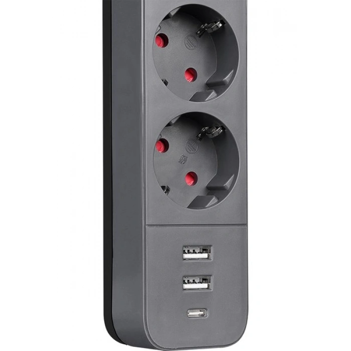 S-Link SPG03U 2 USB +1type C 5V2.4A 1.5m 3X1.00MM 100% Bakır 750 Joule 3 Lü Anahtarlı Akım Korumalı Siyah Priz