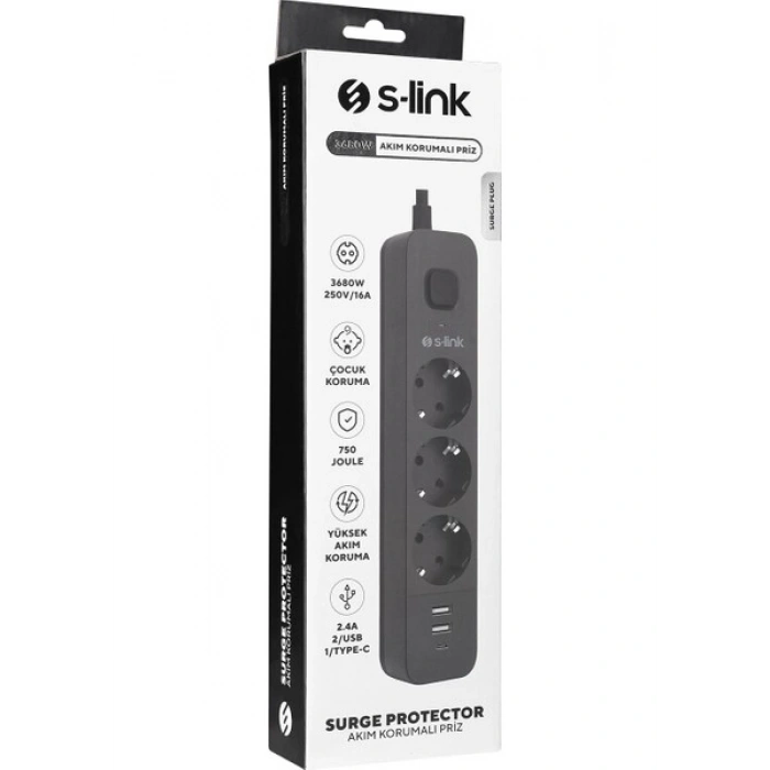 S-Link SPG03U 2 USB +1type C 5V2.4A 1.5m 3X1.00MM 100% Bakır 750 Joule 3 Lü Anahtarlı Akım Korumalı Siyah Priz