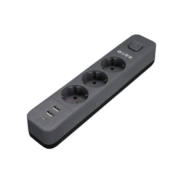 S-Link SPG03U 2 USB +1type C 5V2.4A 1.5m 3X1.00MM 100% Bakır 750 Joule 3 Lü Anahtarlı Akım Korumalı Siyah Priz