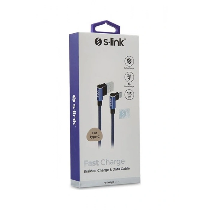 S-link Swapp SW-C757 3A - 15 cm Type-C Lacivert Kılıflı Metal -L- Kablo