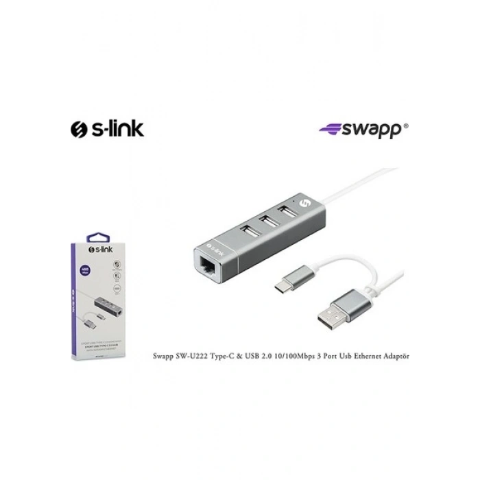 S-Link Swapp SW-U222 Type-C To 10/100MBPS-3 Port Usb3.0 Ethernet Adaptör
