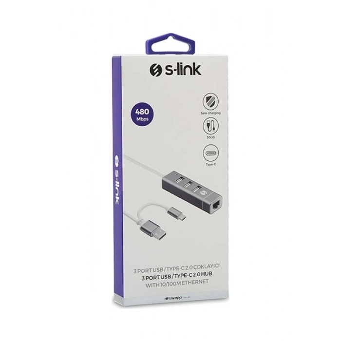 S-Link Swapp SW-U222 Type-C To 10/100MBPS-3 Port Usb3.0 Ethernet Adaptör