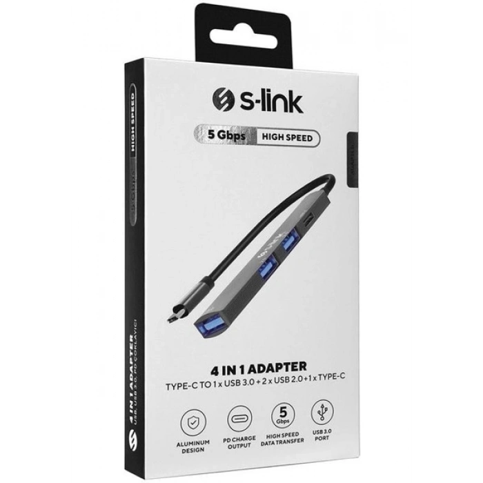 S-link SWV-USBC023 4 in 1 Gri Metal TypeC to 2-USB2.0 USB 3.0, PD Type C Adaptör