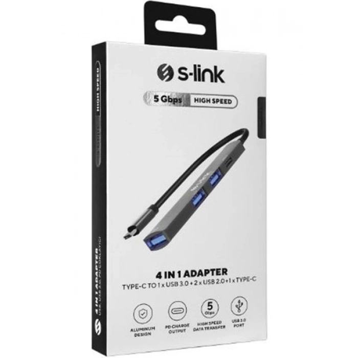 S-link SWV-USBC023 4 in 1 Gri Metal TypeC to 2-USB2.0 USB 3.0, PD Type C Adaptör