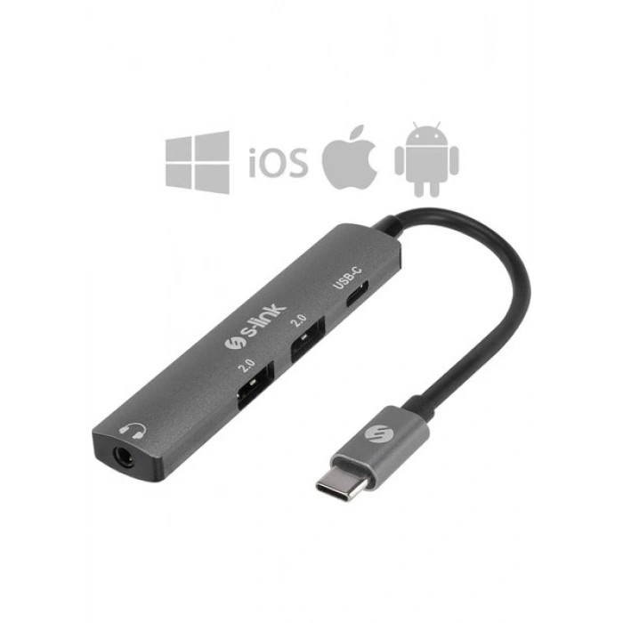 S-Link SWV-USBC024 Macbook Uyumlu 4 In 1 Gri Metal Type-C To 2*usb Usb-C Type-C Çevirici Dönüştürücü