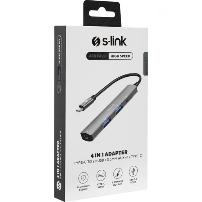 S-Link SWV-USBC024 Macbook Uyumlu 4 In 1 Gri Metal Type-C To 2*usb Usb-C Type-C Çevirici Dönüştürücü