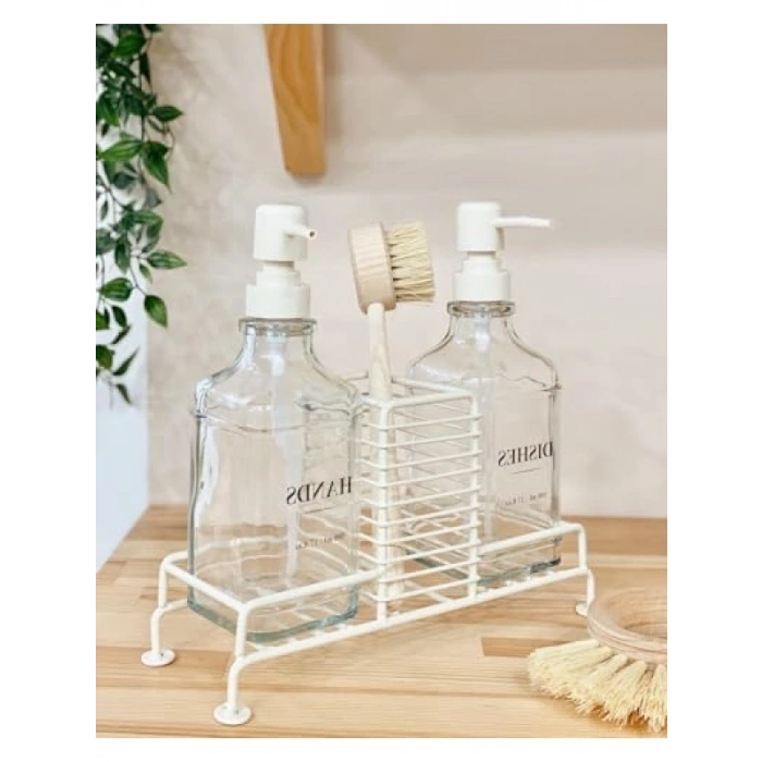 Sabun ve Deterjan Dispenser Seti - Demir Çiftli Pompa ve Sünger Standı - 500 ml Bej