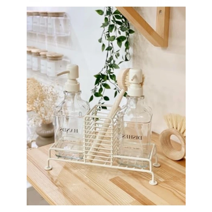 Sabun ve Deterjan Dispenser Seti - Demir Çiftli Pompa ve Sünger Standı - 500 ml Bej