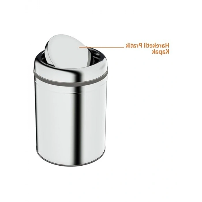 Sallanır Kapaklı 8 L Çöp Kovası, Parlak Krom Paslanmaz Malzeme