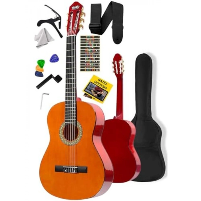 Sap Ayarlı 4/4 Boy Doğal Renk Klasik Gitar, Tam Set