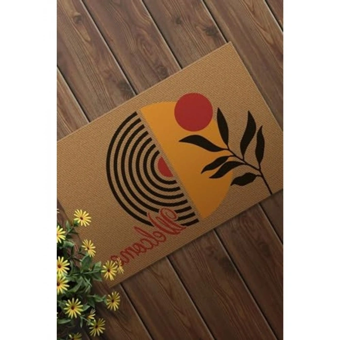 Sarı Desenli 40 x 60 cm Kapı Önü Halısı, Welcome Temalı