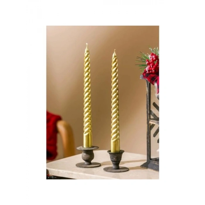 Sarı Gold Spiral Dekoratif Mum Seti, 26 cm