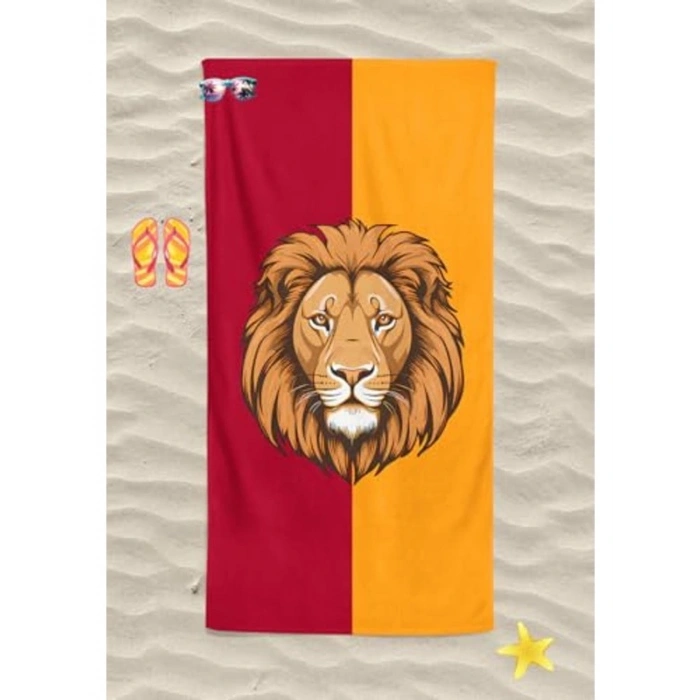Sarı Kırmızı Aslan Desenli Dijital Baskılı Plaj Havlusu