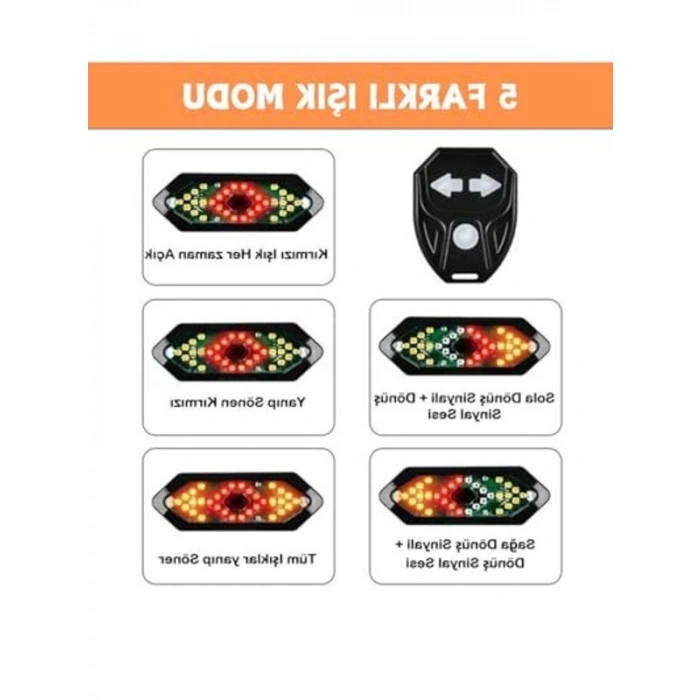 Şarjlı LED Arka Dönüş Sinyali Işığı, 5 Farklı Renk Seçeneği