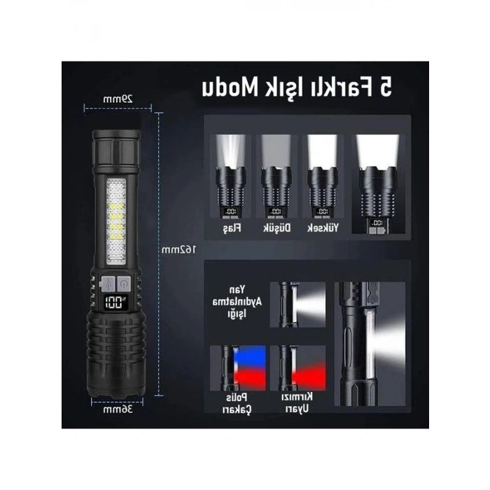 Şarjlı LED el feneri, 5 ışık modu ve zoom özelliği