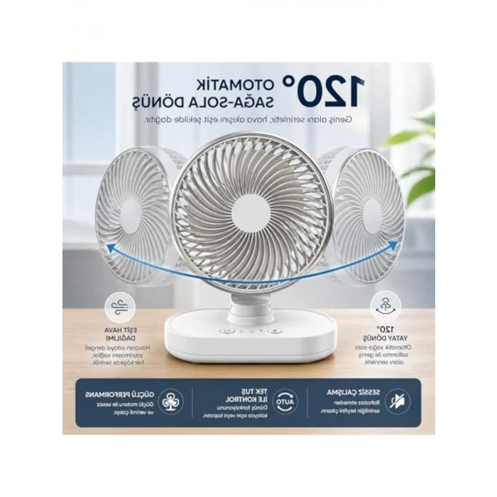 Şarjlı Masaüstü Vantilatör, 120° Dönme Özelliği ile Sessiz ve Taşınabilir Fan