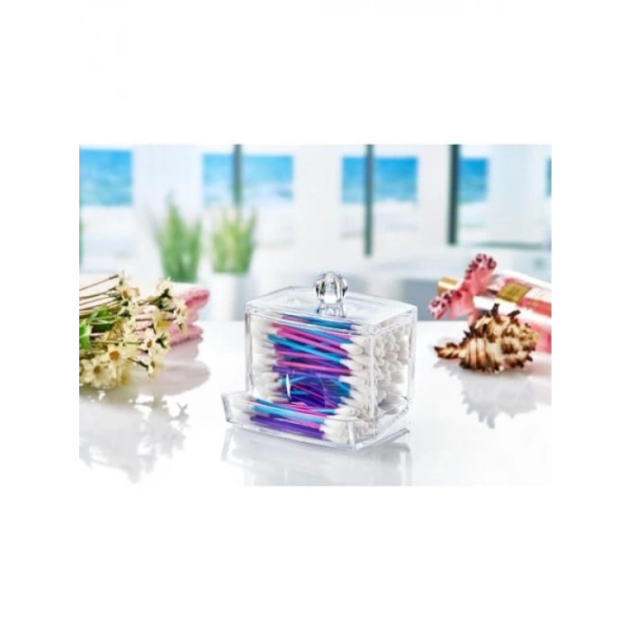 Şeffaf Akrilik Pamuklu Çubuk Organizeri, 8.8x10.5x6 cm