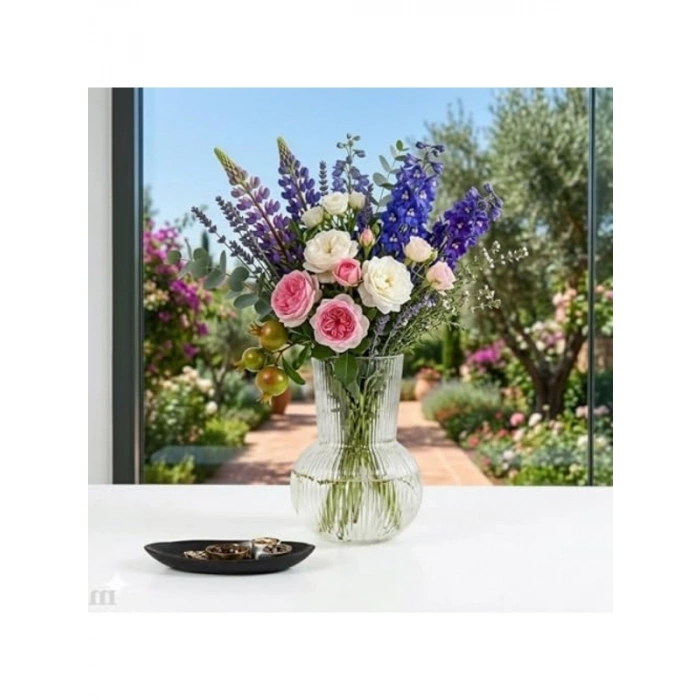 Şeffaf Cam Vazo, Çizgili Tasarım, 25 cm Modern Stil