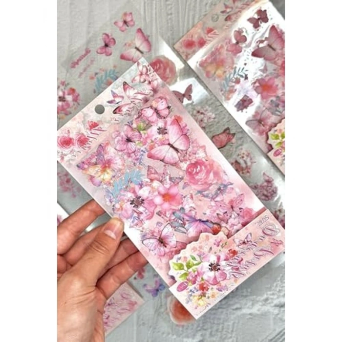 Şeffaf Sticker Seti - 60 Adet, Pembe Kelebek Tasarımlı