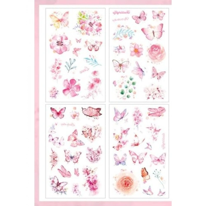 Şeffaf Sticker Seti - 60 Adet, Pembe Kelebek Tasarımlı